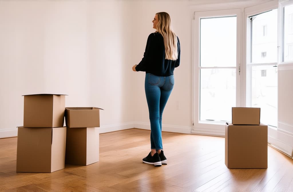  professional detailed photography, a woman stands in an empty apartment, paper boxes on the floor, moving. bright room ar 3:2, (muted colors, dim colors, soothing tones), (vsco:0.3)