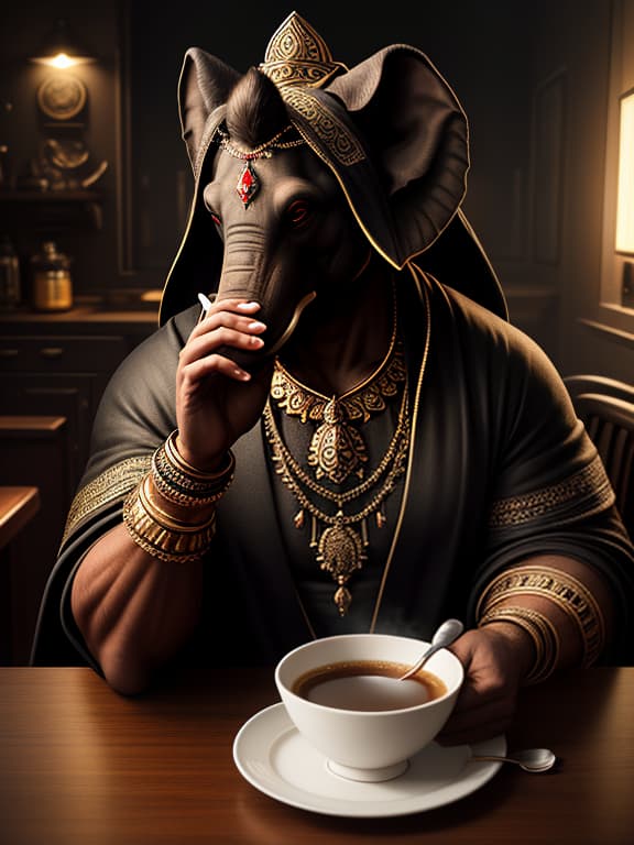  score 9, score 8 up, score 7 up, photo, photorealistic, 35mm, intricate details, hdr, hyperdetailed, natural skin texture, hyperrealism, sharp, photo realistic, dark moody lighting, sleepy cartoon god ganesha, sixth hand, sits on a chair in the lotus position, six hands, toothbrush in one hand, cup of coffee in the second hand, spoon in the third hand, sandwich in the fourth hand, towel in the fifth hand, plate of porridge in the sixth hand, sleepy red eyes, small cozy apartment, steam coming from the head elephant, high quality accurate paws correct animal eyes, stylistics: (realistic, photo realistic:1.38), perfect face, perfect eyes, (tears:1.2) <lora:zy amateurstyle v2:0.6>, dark , creepy , blood , monsters , by jason engle , carlos hua hyperrealistic, full body, detailed clothing, highly detailed, cinematic lighting, stunningly beautiful, intricate, sharp focus, f/1. 8, 85mm, (centered image composition), (professionally color graded), ((bright soft diffused light)), volumetric fog, trending on instagram, trending on tumblr, HDR 4K, 8K