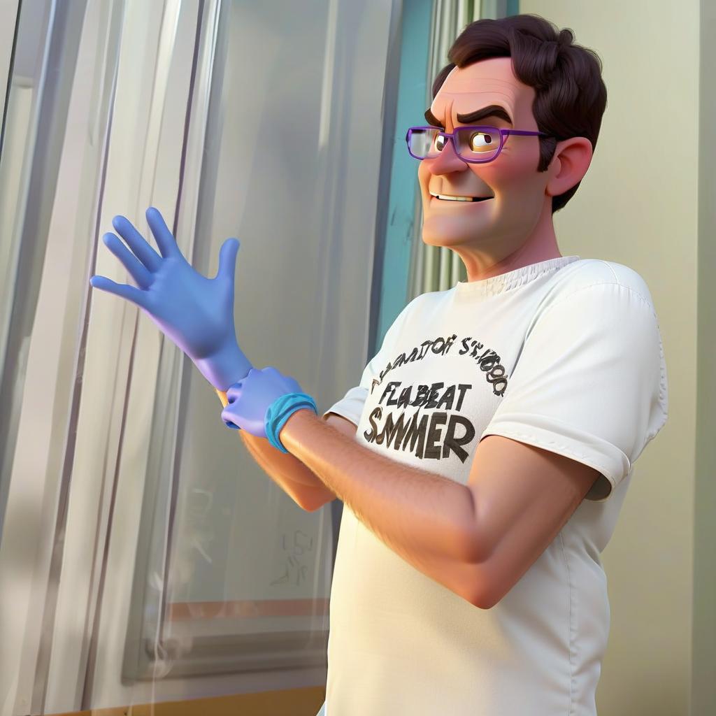  a character from pixar cartoons. this is an evil doctor. he puts on gloves smiling evilly. in the background is a laboratory, many flasks. purple smoke.