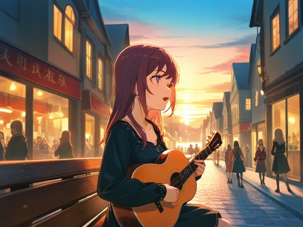  woman,long hair,bards,dress,fantasy,town,bright atmosphere,sit on a bench,lively,holding the lute,singing,eyes closed,calm expression,spectators all around,evening,european style,bustling city