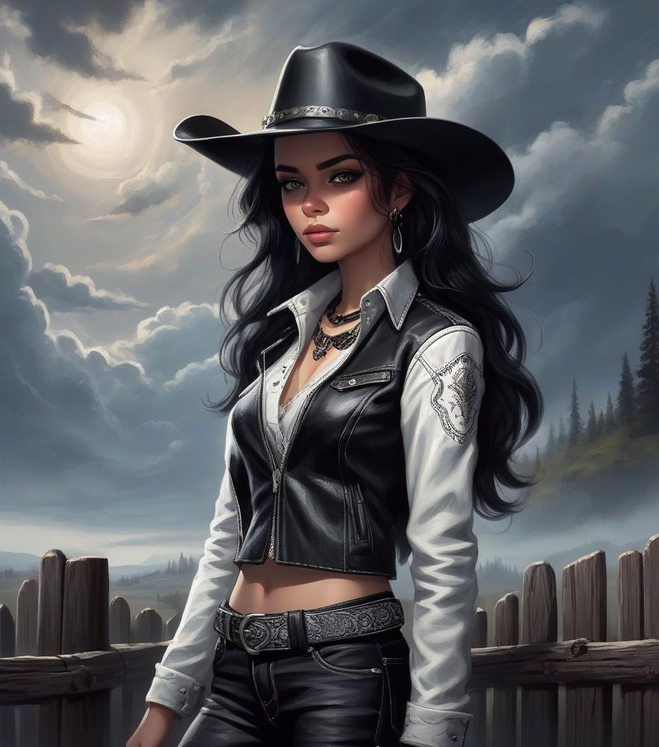  a stunning dark fantasy concept art piece featuring a close up portrait of a fashionable woman. her black and white leather cowhide jacket, white denim shirt, and matching black jeans are accessorized with a black cowboy hat, a statement necklace, and a belt adorned with an intricate buckle. her wavy black hair cascades down her shoulders, framing her intense, distant gaze. she stands before a rustic wooden fence, against a backdrop of a mesmerizing artistic sky, achieved through skillful brushstrokes. the overall atmosphere exudes a sense of mystery and intrigue.