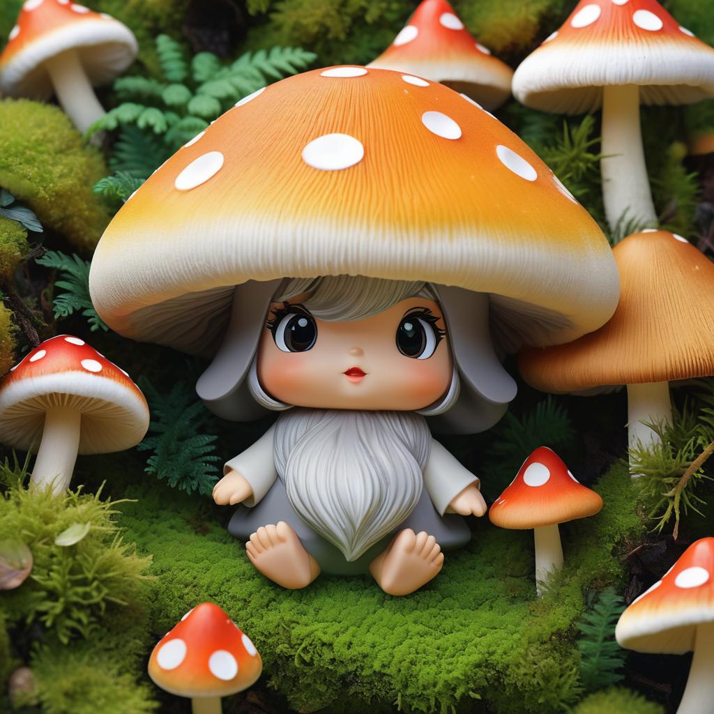  texture cute little fantasy creature hiding among mushrooms and moss top down close up