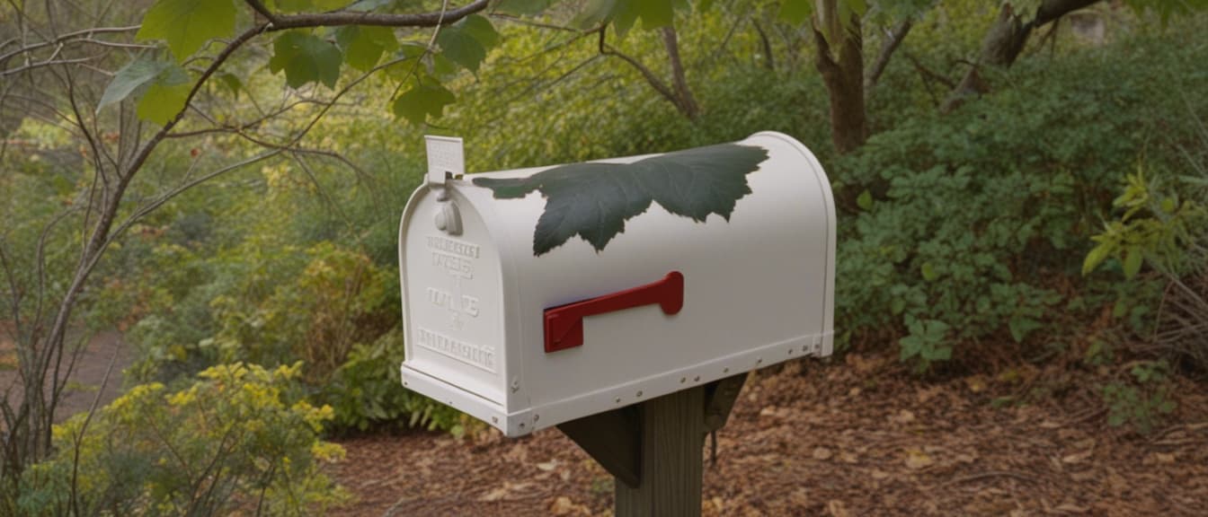  macro photography, a white mailbox is partially obscured by dense, lush green foliage, with the number 154 painted in a slightly faded, reddish hue on the front. the mailbox is mounted on a weathered wooden post, surrounded by vibrant leaves, creating a natural and secluded appearance. a white mailbox sitting in the middle of a tree with green leaves all around it, letterbox, letterboxing, delivering mail, marten post, postage, ffffound, by chris spollen, by ben zoeller, by greg spalenka, by lars grant west, by robert feke, 3 4 5 3 1, letters, high detail photo, iso640, by wesley burt, 8 1 5, by amos ferguson, by peter brandes, craig mullinshyper. there is a mailbox that has been left in the bushes, letterbox, delivering mail, shot on kodak