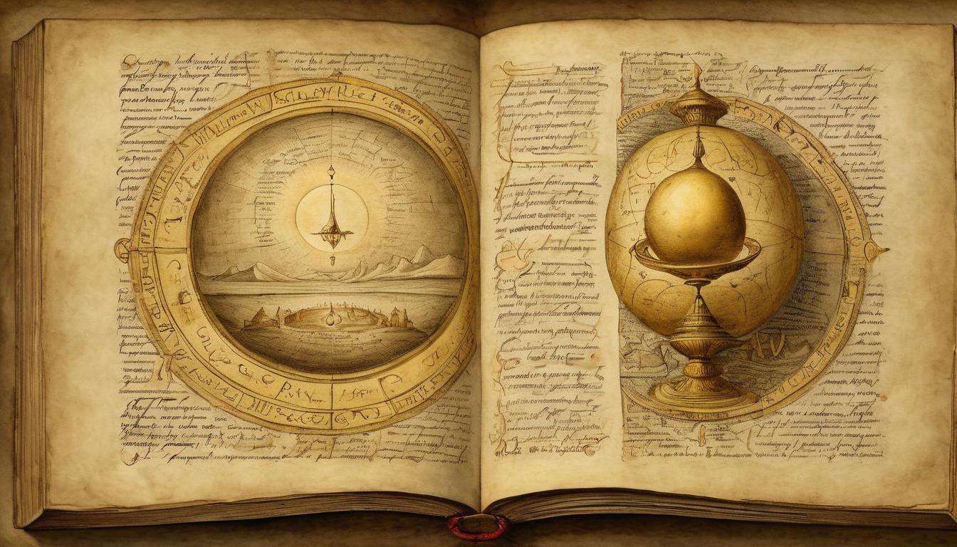  on parchment, surrealism++, ancient tomes opened to glowing pages, encircling a golden orb, knowledge transfer, divine guidance, emerging wisdom(mysterious, provocative, symbolic)++