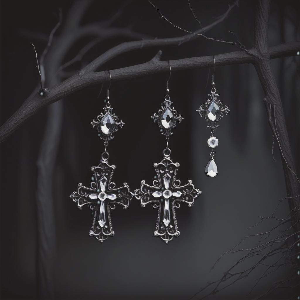  horror themed prompt: thin delicate gothic cross earrings with teardrop shaped crystals, intricate details, elegant jewelry design, dramatic lighting, high resolution, stunning craftsmanship, fine art photography, dark background, masterpiece negative prompt: low quality, poorly designed, blurry, cheap materials, oversized, out of frame, low detail, grainy, cartoonish . eerie, unsettling, dark, spooky, suspenseful, grim, highly detailed, hkmagic