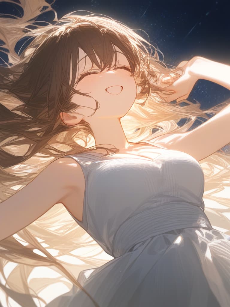  bright brown hair long hair, transparent ephemeral, laughing, under the starry sky, the whole body, facing here, wearing a white cardigan from the black sleeveless dress, above the chest, masterpiece, best quality,8k,ultra detailed,high resolution,an extremely delicate and beautiful,hyper detail