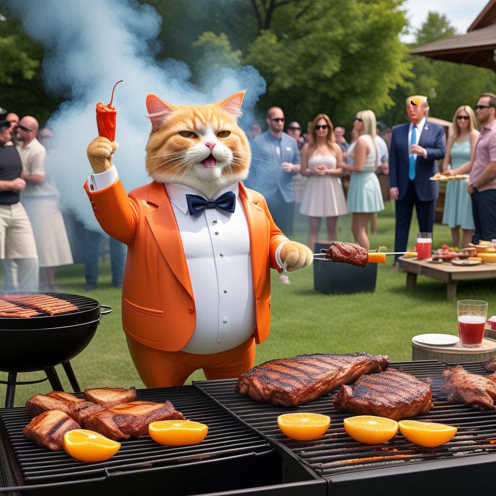  Donald Trump as a fat cat on a BBQ spit from a different angle with the caption: 'Here in Springfield Ohio enjoying the best ever BBQ with some of my MAGA friends.' The scene includes a large, plump orange cat with a recognizable Trump hairstyle and facial expression, slowly rotating on a BBQ spit over a fire. The new angle should show the cat from the side, highlighting the BBQ spit and flames more prominently. The background includes a festive outdoor BBQ setting with people in the background appearing surprised and amused, picnic tables, balloons, and a sunny park setting. hyperrealistic, full body, detailed clothing, highly detailed, cinematic lighting, stunningly beautiful, intricate, sharp focus, f/1. 8, 85mm, (centered image composition), (professionally color graded), ((bright soft diffused light)), volumetric fog, trending on instagram, trending on tumblr, HDR 4K, 8K