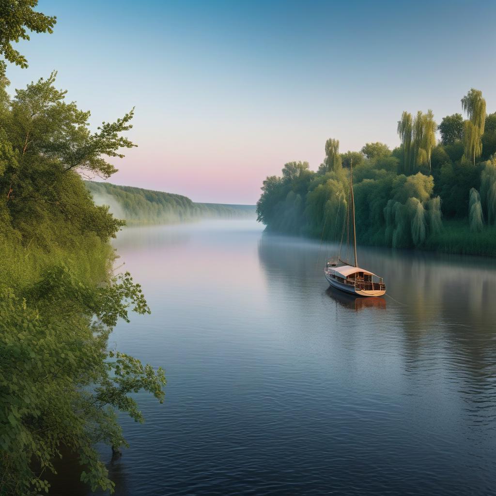  cinematic photo a serene and majestic landscape of the volga river, captured on a warm summer morning, with the gentle mist rising from the calm waters, set against a soft blue gray sky with hints of pink and orange hues on the horizon. the riverbanks are lined with lush green vegetation, including tall trees and verdant bushes, which stretch towards the water's edge. a few sailboats and wooden boats are anchored or drifting lazily along the river, adding a sense of tranquility and peacefulness to the scene. the image exudes a sense of calmness and relaxation, with the volga river's gentle flow and the surrounding landscape's natural beauty taking center stage. . 35mm photograph, film, bokeh, professional, 4k, highly detailed hyperrealistic, full body, detailed clothing, highly detailed, cinematic lighting, stunningly beautiful, intricate, sharp focus, f/1. 8, 85mm, (centered image composition), (professionally color graded), ((bright soft diffused light)), volumetric fog, trending on instagram, trending on tumblr, HDR 4K, 8K