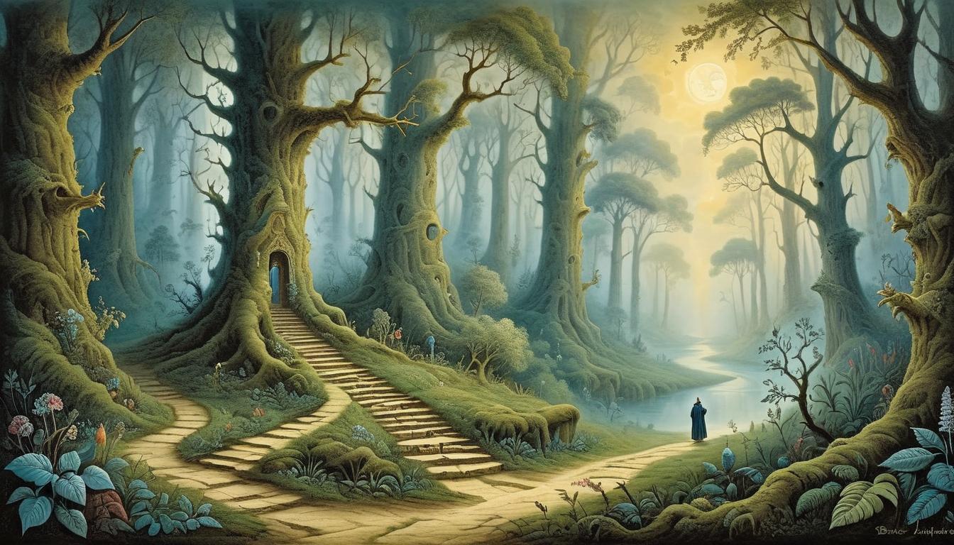  on parchment, surrealism+++, pathway cleared through dense forest, divine intervention, unhindered, guided, illuminated course(mysterious, provocative, symbolic,muted color)+++