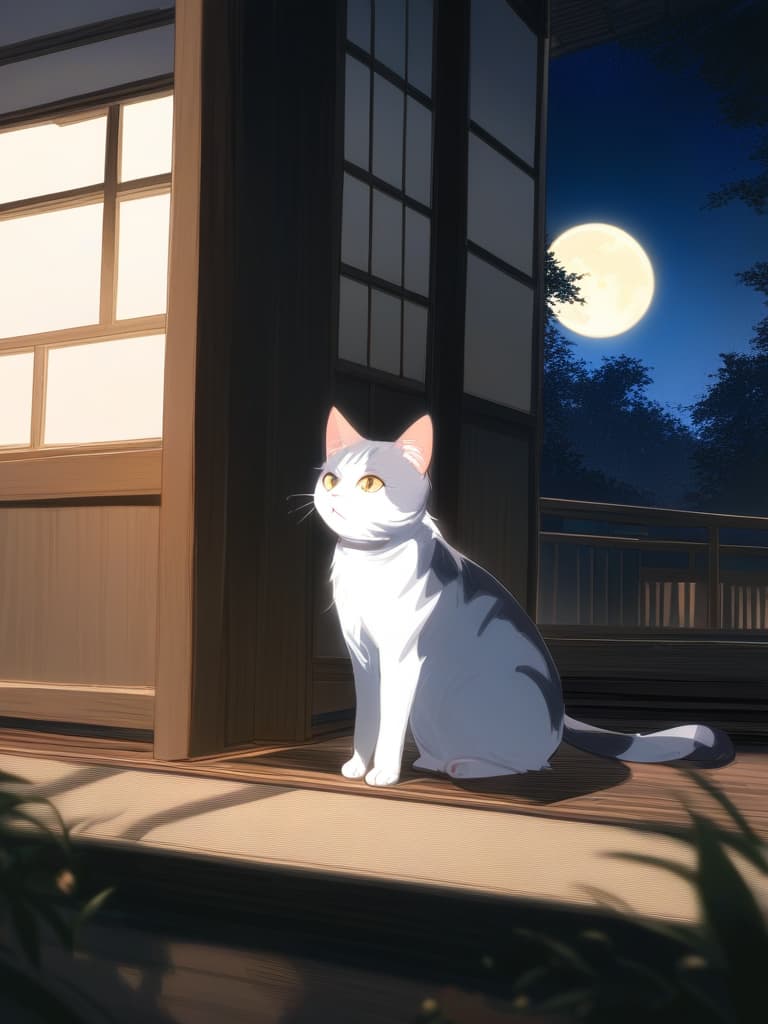  1cat ,japanese cat,nature,animal focus,looking outside from the japanese style room,cosmos field ,cat sitting on the porch ,full moon night,