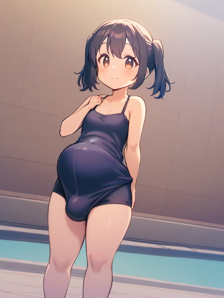  women's elementary students (with male), twin tails, cute smiles, rich s, short stature, dark blue swimwear, old swimwear, swimwear, simple, (swelling), upward, (bulge), front, whole body, pool side,