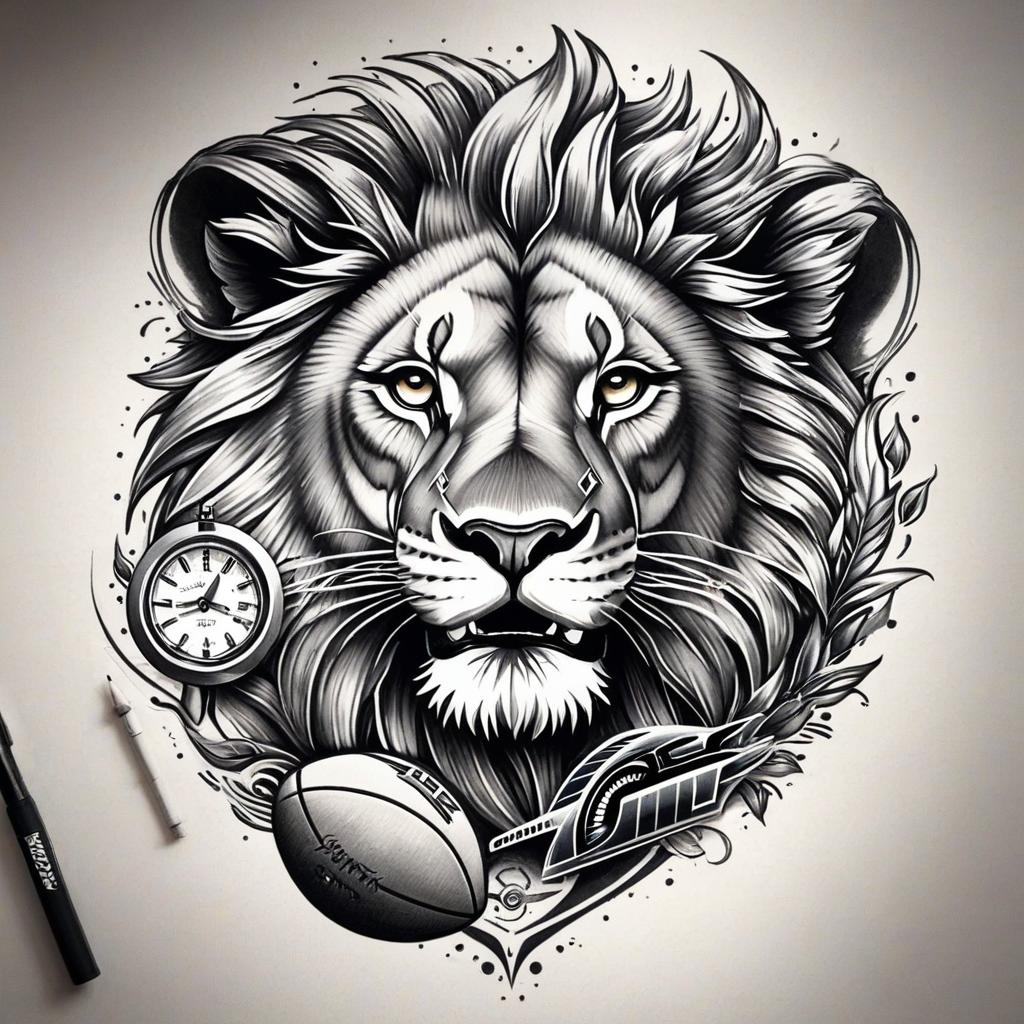  sketch of a tattoo of a man's sleeve, show. in it the speed of the car through the speedometer, the lion and football