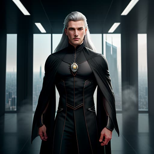  a young man with long grey hair is in a sedative potion in a black silk penue. a stretched sports body. a panoramic window with a view to a futuristic city. hyperrealistic, full body, detailed clothing, highly detailed, cinematic lighting, stunningly beautiful, intricate, sharp focus, f/1. 8, 85mm, (centered image composition), (professionally color graded), ((bright soft diffused light)), volumetric fog, trending on instagram, trending on tumblr, HDR 4K, 8K