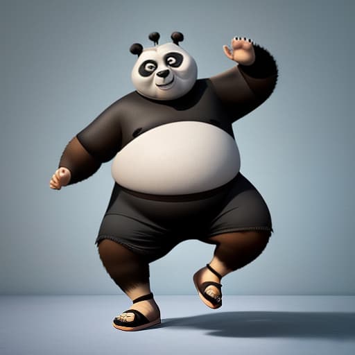  kung fu panda if he were human, he looks like a man, fat and in shorts and slippers, (surrealism), dreamlike , distorted , abstract , symbolic