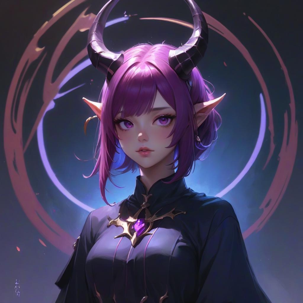  a woman with purple hair and horns on her head, a character portrait, by yang j, fantasy art, high definition anime art, yanjun chengt, noire, artwork in the style of guweiz