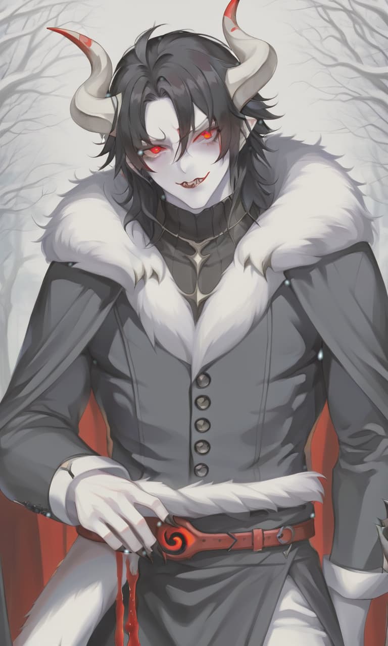  man demon, white skin, blood red eyes, black hair, white horns, black clothes