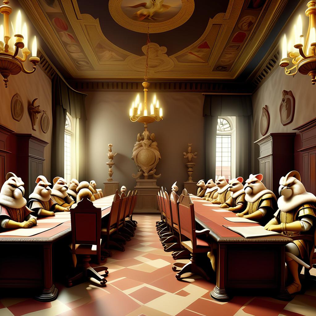  renaissance style council of venetian merchants in the renaissance conference room, furry griffins, council of the doges of venice, admirals . realistic, perspective, light and shadow, religious or mythological themes, highly detailed