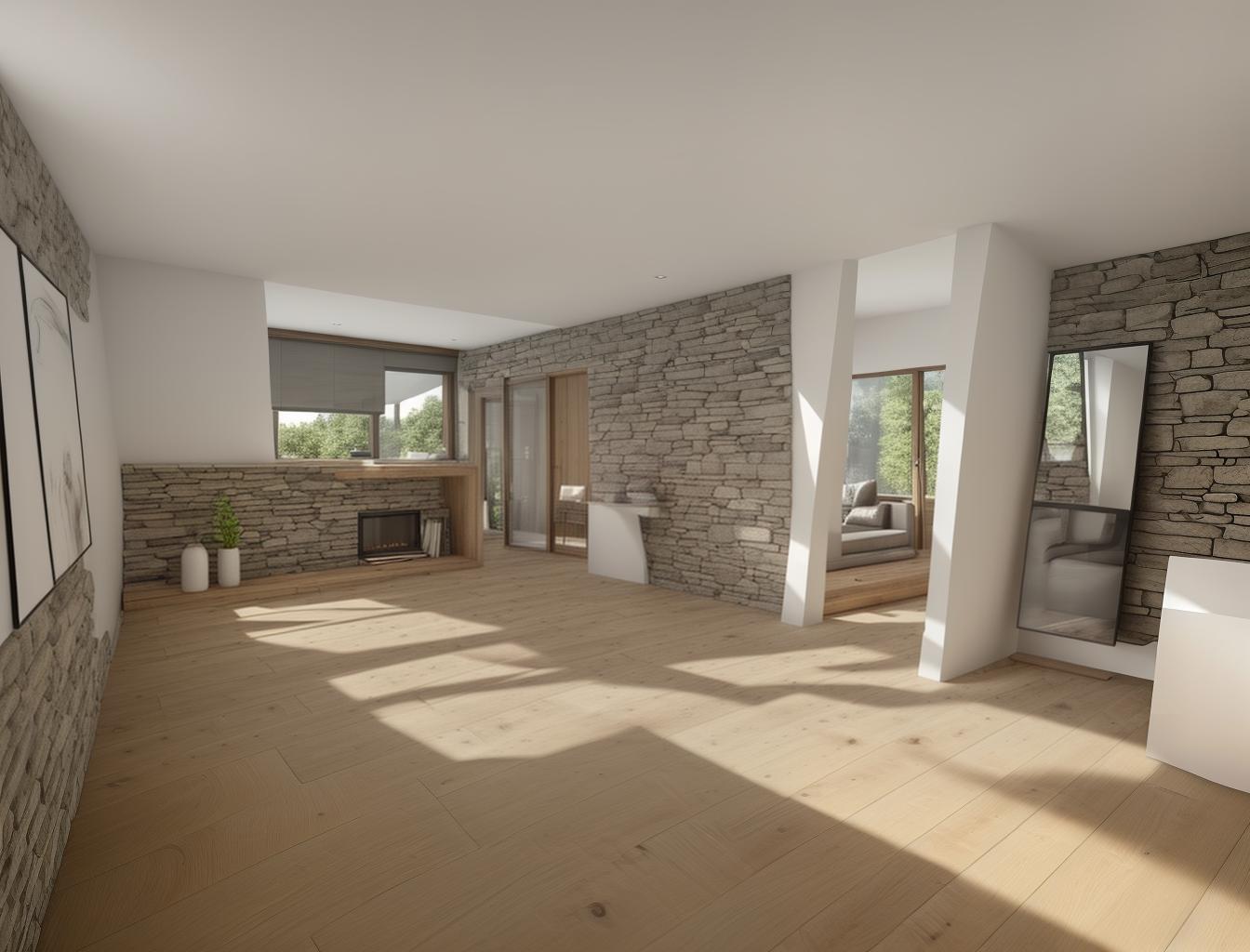  produce a photorealistic rendering of a modern interior with a stone wall as a focal point, complemented by wooden flooring and large windows. add a sleek, modern sofa and minimalist furniture that reflects a contemporary style, creating a space that feels both rustic and sophisticated.