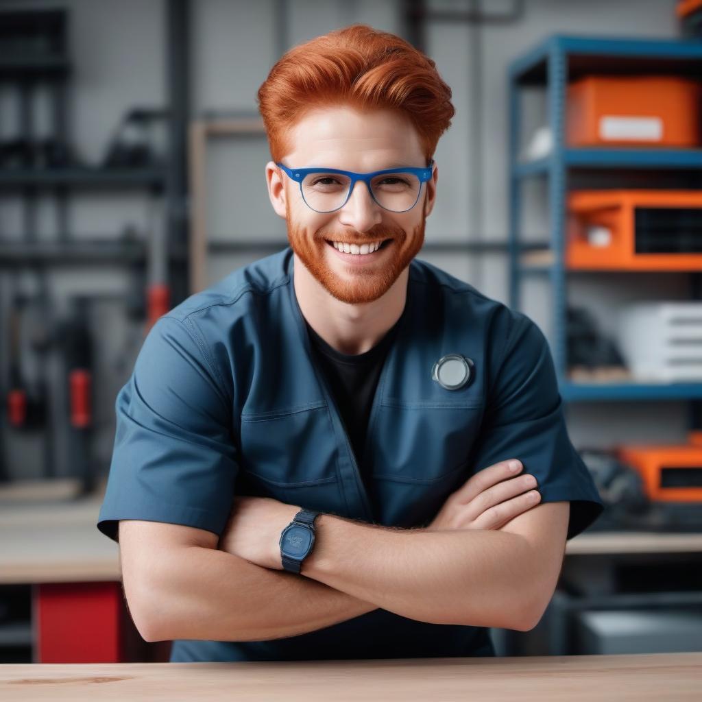  A handsome red-haired guy with a kind look and a wide smile wearing protective glasses and special protective clothing is standing in the workshop