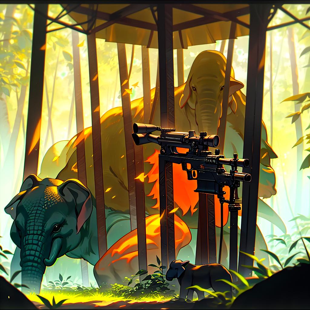  Jungle- hunter, kneeling next to elephant,big gun, raised up and looking through scope-very little sunlight coming through canopy, hyperrealistic, full body, detailed clothing, highly detailed, cinematic lighting, stunningly beautiful, intricate, sharp focus, f/1. 8, 85mm, (centered image composition), (professionally color graded), ((bright soft diffused light)), volumetric fog, trending on instagram, trending on tumblr, HDR 4K, 8K hyperrealistic, full body, detailed clothing, highly detailed, cinematic lighting, stunningly beautiful, intricate, sharp focus, f/1. 8, 85mm, (centered image composition), (professionally color graded), ((bright soft diffused light)), volumetric fog, trending on instagram, trending on tumblr, HDR 4K, 8K