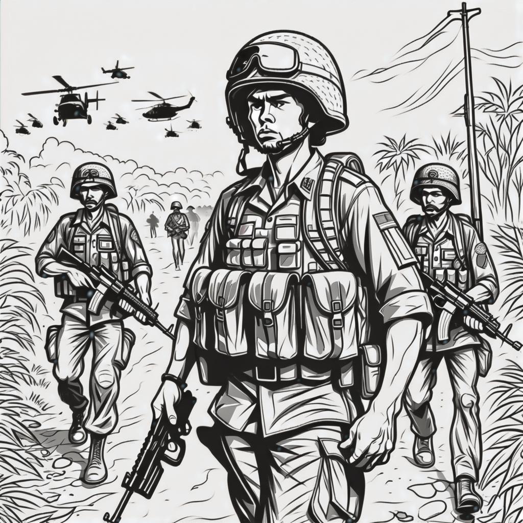  line art drawing vietnam war, same nightmare. anime style . professional, sleek, modern, minimalist, graphic, line art, vector graphics