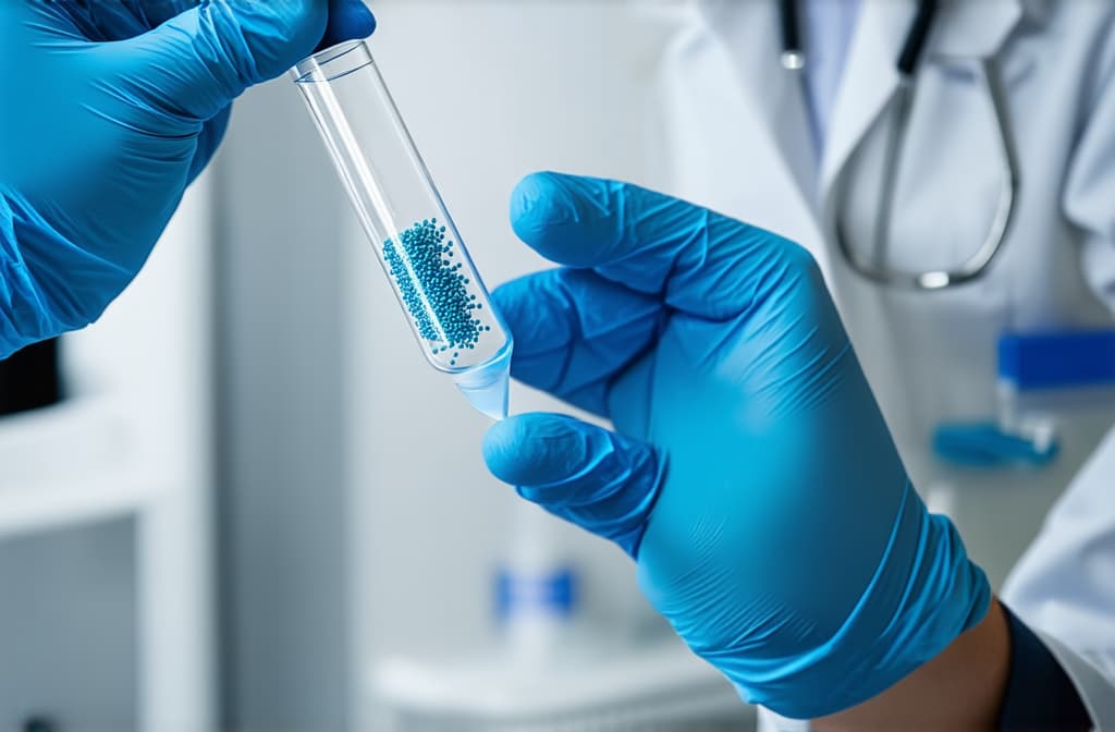  professional detailed photography, close up of a scientist holding a sample of bacteria in a test tube and conducting a medical study, a gloved doctor examines a legionella sample up close as part of a scientific study. ar 3:2, (muted colors, dim colors, soothing tones), (vsco:0.3)