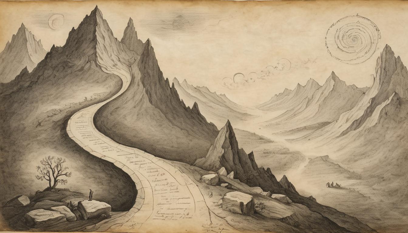  on parchment, surrealism++, a steep mountain path winding up towards the heavens, thin air, treacherous climb, perseverance(mysterious, provocative, symbolic)++