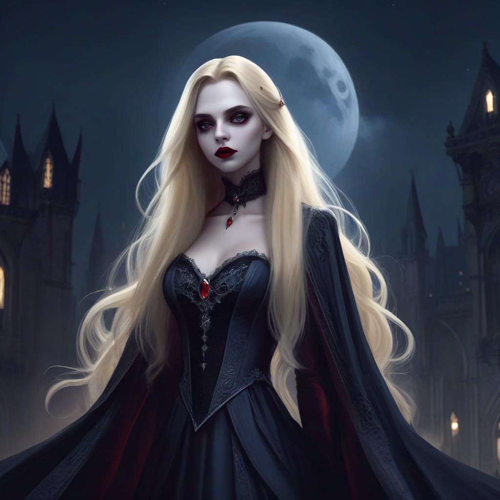  concept art vampire aristocrat, dark fantasy art, long blonde hair, grace, majesty, night and moon . digital artwork, illustrative, painterly, matte painting, highly detailed