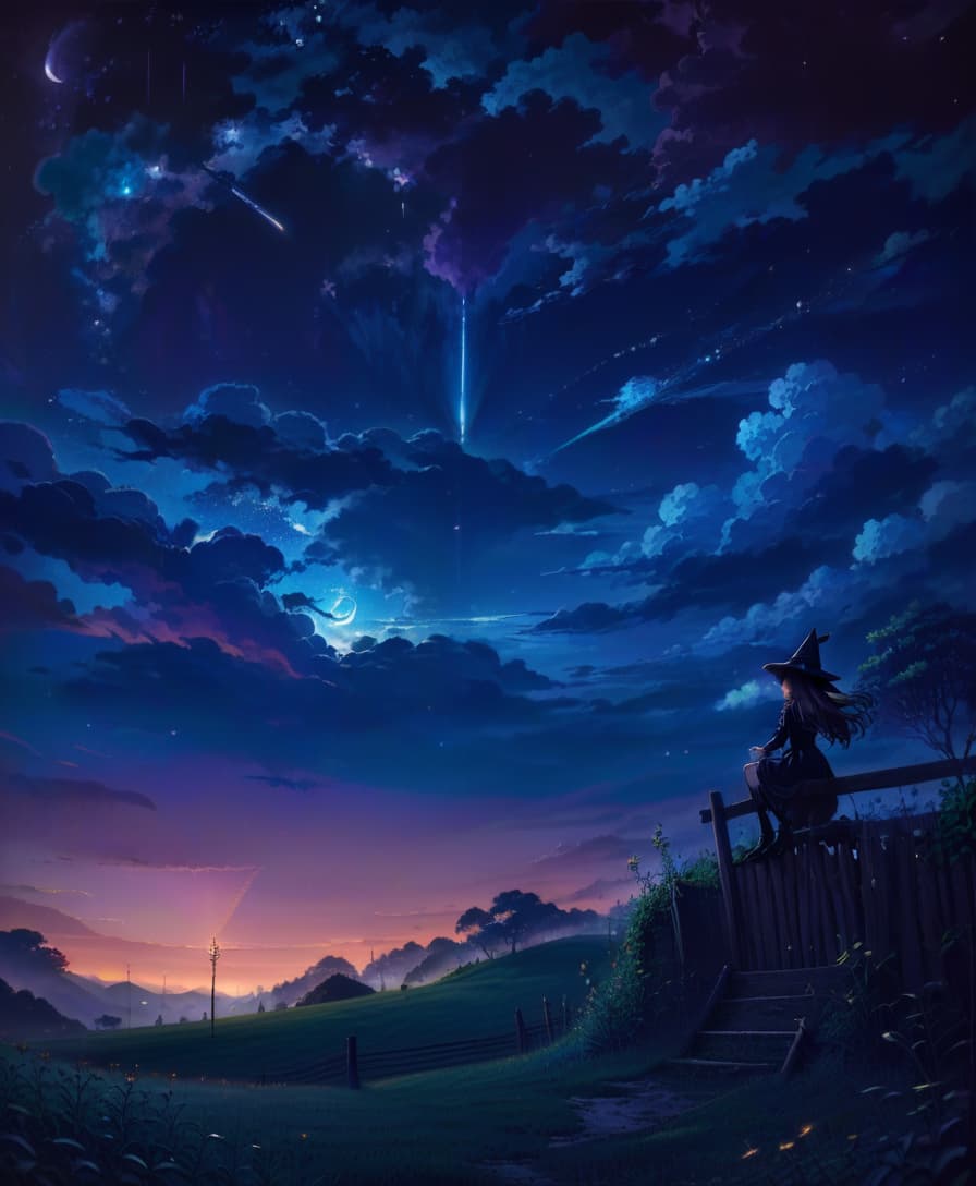  anime artwork night landscape, starry sky, dark, meadow at the bottom of the frame, witch in the right corner of the frame, sitting with her back to the viewer, sitting on a fence, magic, witchcraft, surrealism, magic wand . anime style, key visual, vibrant, studio anime, highly detailed, civitai, oil painting