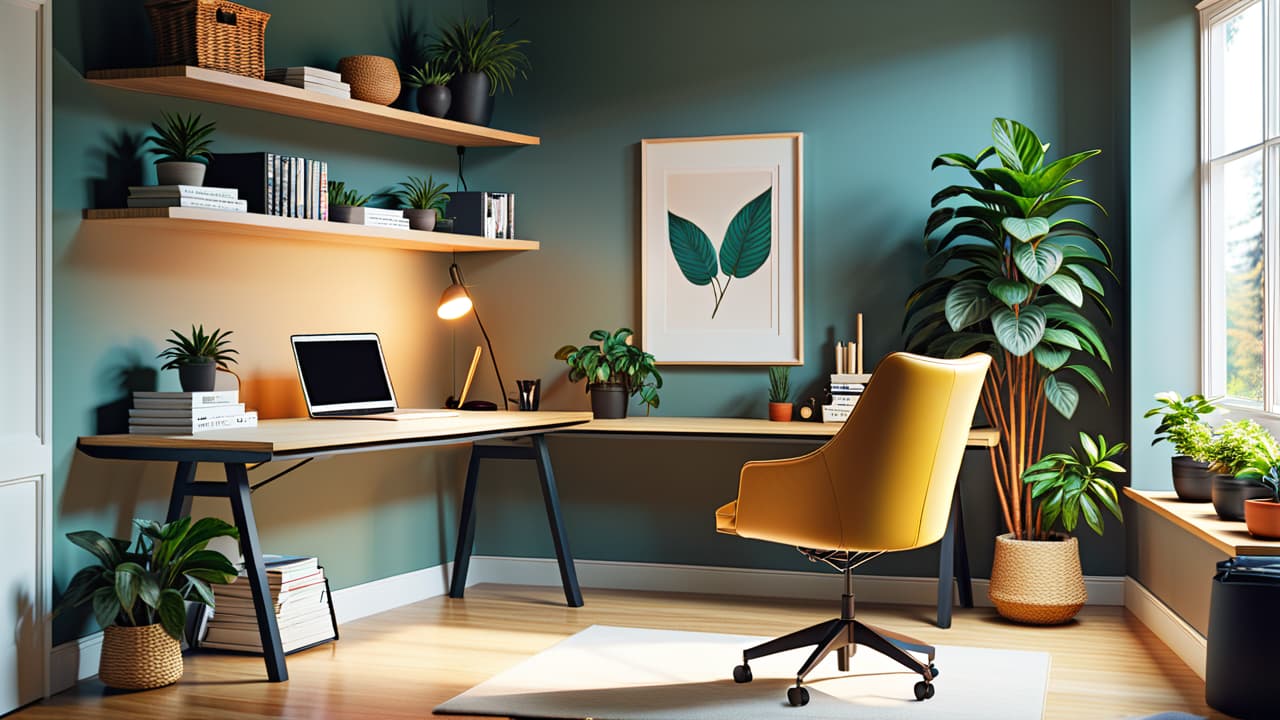  a bright, airy home office featuring a sleek ergonomic chair, adjustable desk, soft natural lighting, indoor plants, and organized shelves, creating a balanced workspace with a calming color palette and minimalistic decor. hyperrealistic, full body, detailed clothing, highly detailed, cinematic lighting, stunningly beautiful, intricate, sharp focus, f/1. 8, 85mm, (centered image composition), (professionally color graded), ((bright soft diffused light)), volumetric fog, trending on instagram, trending on tumblr, HDR 4K, 8K