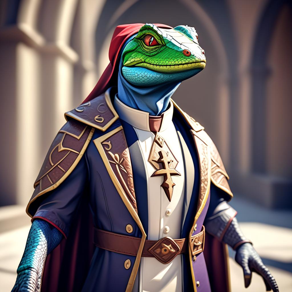  hdr photo of a character for a video game. an anthropomorphic lizard in priest's clothing. . high dynamic range, vivid, rich details, clear shadows and highlights, realistic, intense, enhanced contrast, highly detailed