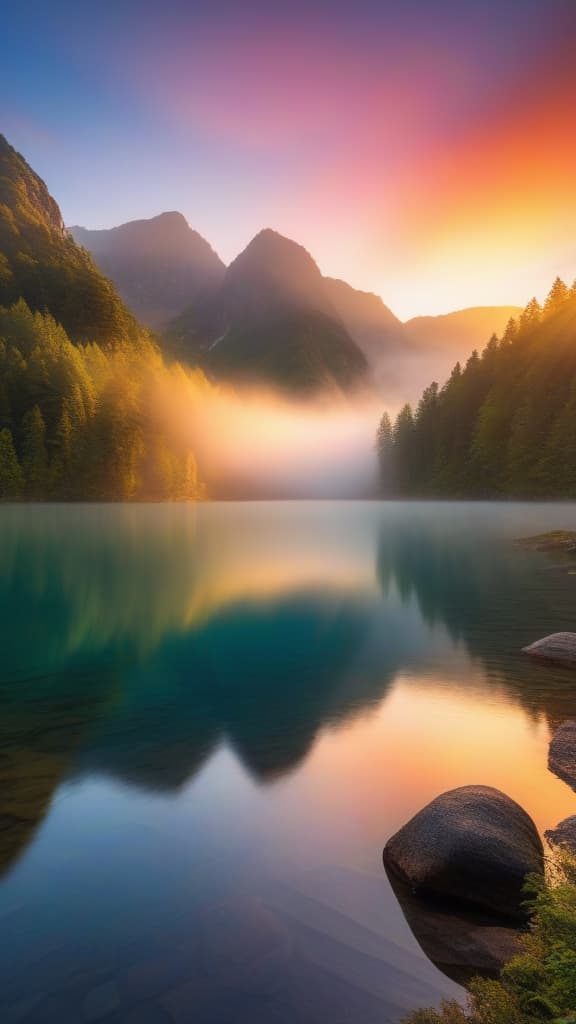  a breathtaking sunrise over a serene mountain lake, with vibrant colors reflecting off the water and mist gently rising