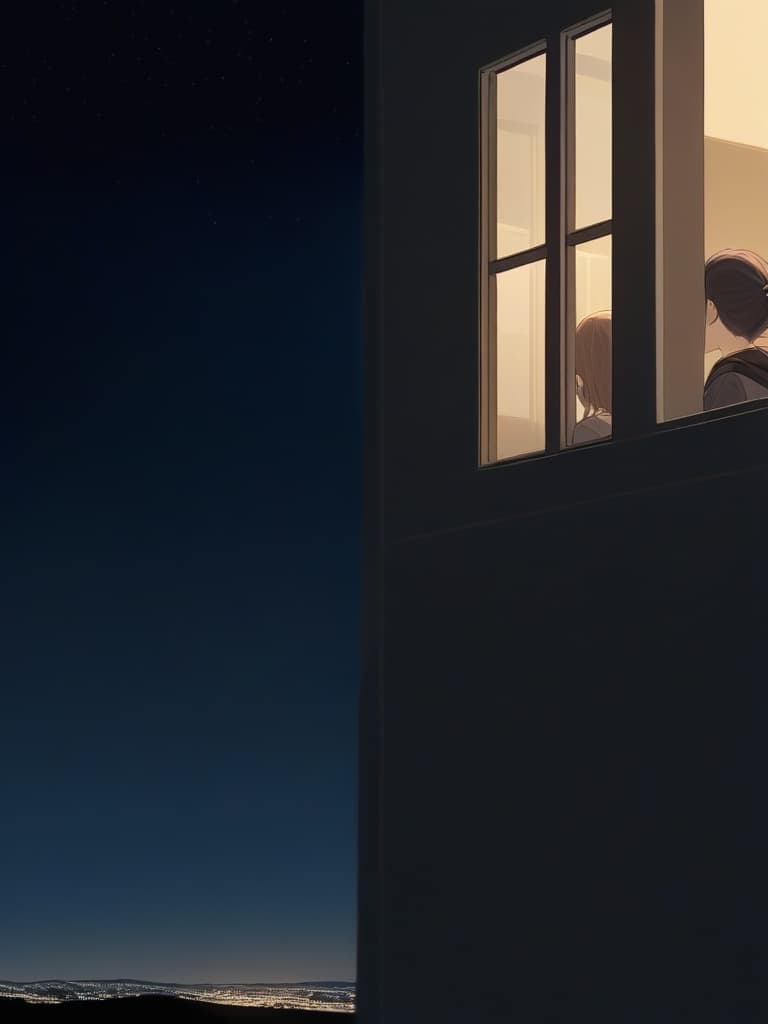   hair brown mocha looking outside window back view sky night stars visible window outside scenery night view bright sadness from separation with man evident