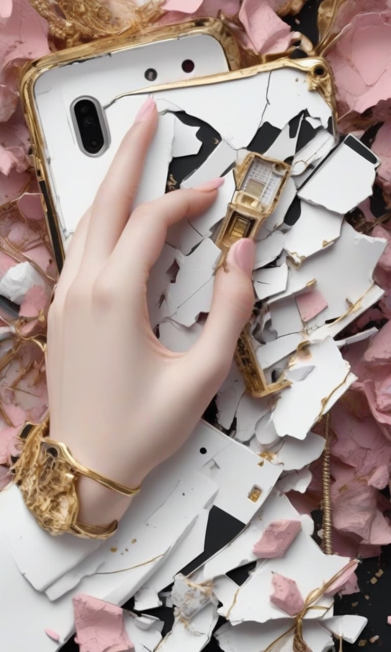  concept art black, white, gold, pink broken phone . digital artwork, illustrative, painterly, matte painting, highly detailed, perfect hands