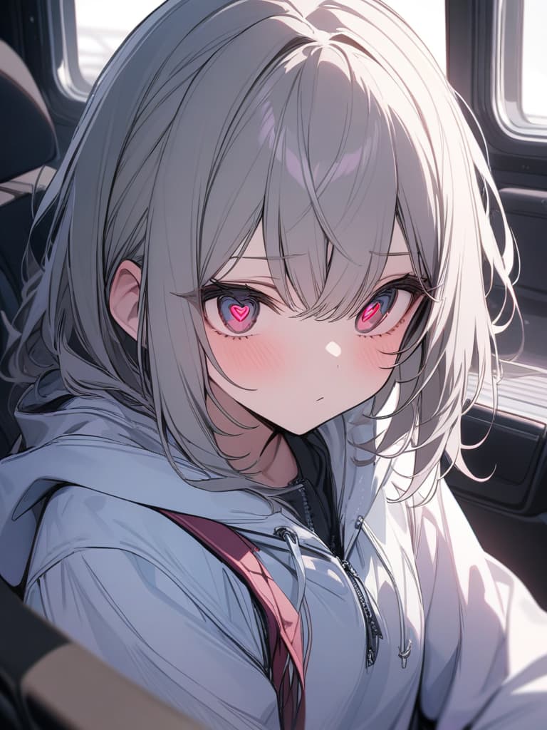  cute, subculture, gray hair, moe sleeve, odd eye, hoodie, heart in the eyes, masterpiece, best quality,8k,ultra detailed,high resolution,an extremely delicate and beautiful,hyper detail