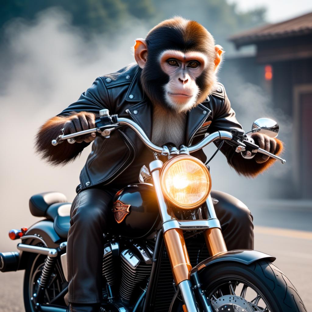  A monkey riding a Harley-Davidson motorcycle, holding a big gun hyperrealistic, full body, detailed clothing, highly detailed, cinematic lighting, stunningly beautiful, intricate, sharp focus, f/1. 8, 85mm, (centered image composition), (professionally color graded), ((bright soft diffused light)), volumetric fog, trending on instagram, trending on tumblr, HDR 4K, 8K