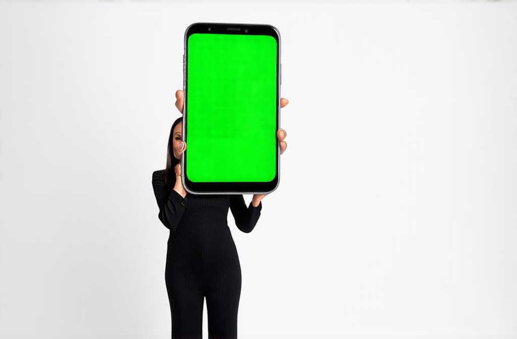  unreal big phone size like man high, excited black woman standing and holding very big smartphone with blank green screen, demonstrating copy space for app or website design, standing over solid white background, mockup image ar 3:2 {prompt}, maximum details