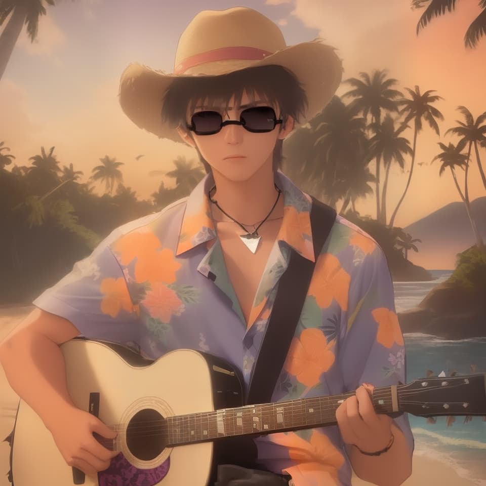  a 17-year old male musician with spiky black hair, blue eyes, and sunglasses wearing a pastel purple Hawaiian shirt with an orange floral pattern, khaki shorts, sandals, a shark tooth necklace, and a cowboy hat playing the guitar on the beach sitting down in a chair with palm trees and a waterfall. Studio Ghibli style., ((best quality)), ((masterpiece)), highly detailed, absurdres, HDR 4K, 8K