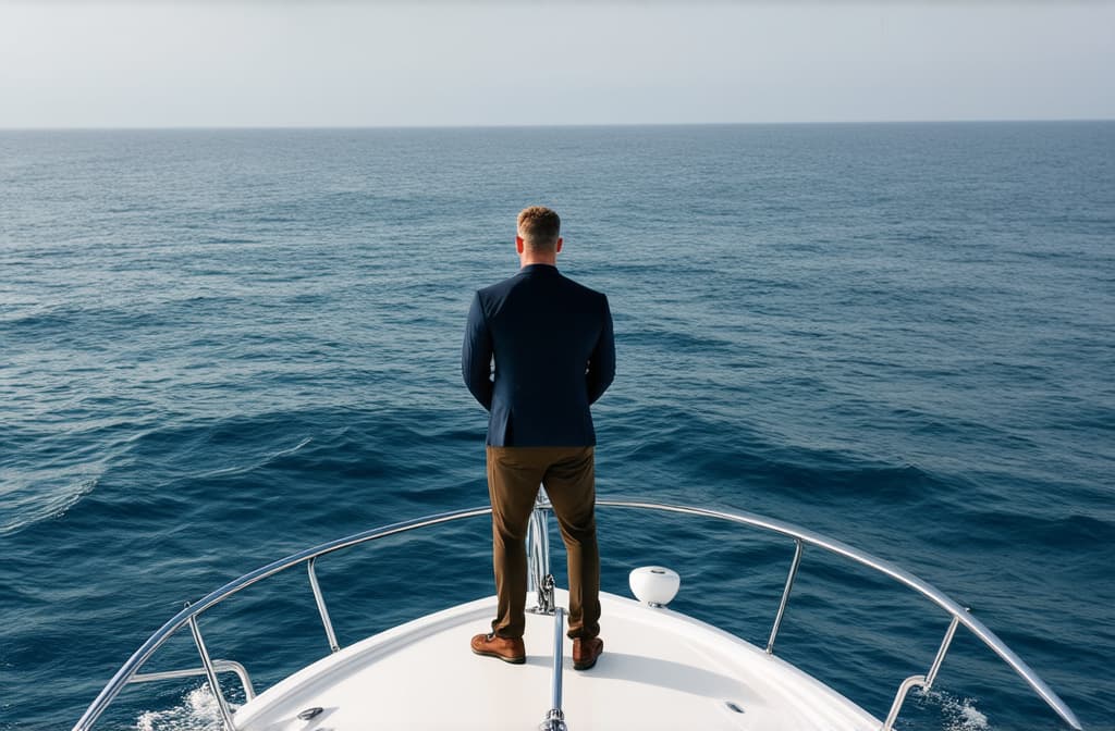  professional detailed photography, man on a yacht at sea, man stands with his back to the camera ar 3:2, (muted colors, dim colors, soothing tones), (vsco:0.3)