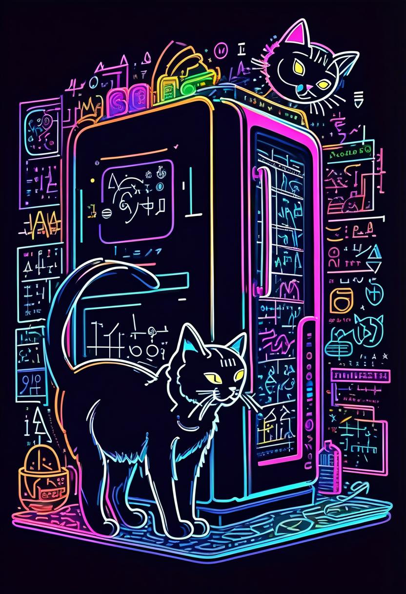  line art drawing tech bright circuit board fractal glossy bright multicolored ink sketch shiny outlines, thin contour line coloring, thin line, multicolor line, outlines of a silhouette of a a refrigerator and a cat standing next to it looking at the refrigerator made of mathematical symbols, (neon color mathematical symbols and formulas:1.4), that float around him, flying clocks, on a black background, style of jean delville, art in minimalist style, linear icons, (linear icon:1.5), line illustration, . professional, sleek, modern, minimalist, graphic, line art, vector graphics