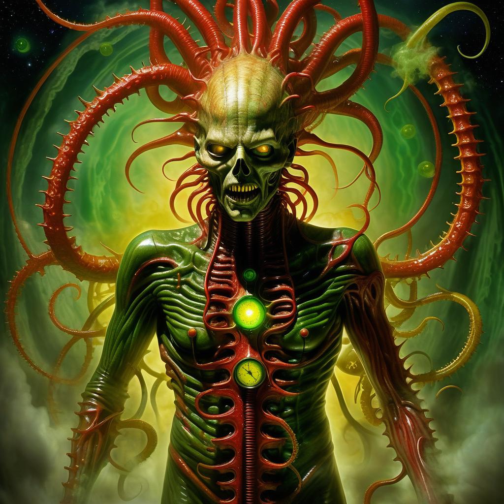  space themed hellraiser whisperer giger demon looks scary prickly red watch in yellow smoke and green sparks suction cups tentacles eyes lower jaw sting tentacles claws and a terrible moan in red smoke in yellow rings of green steam the wound flows with mucus juice . cosmic, celestial, stars, galaxies, nebulas, planets, science fiction, highly detailed