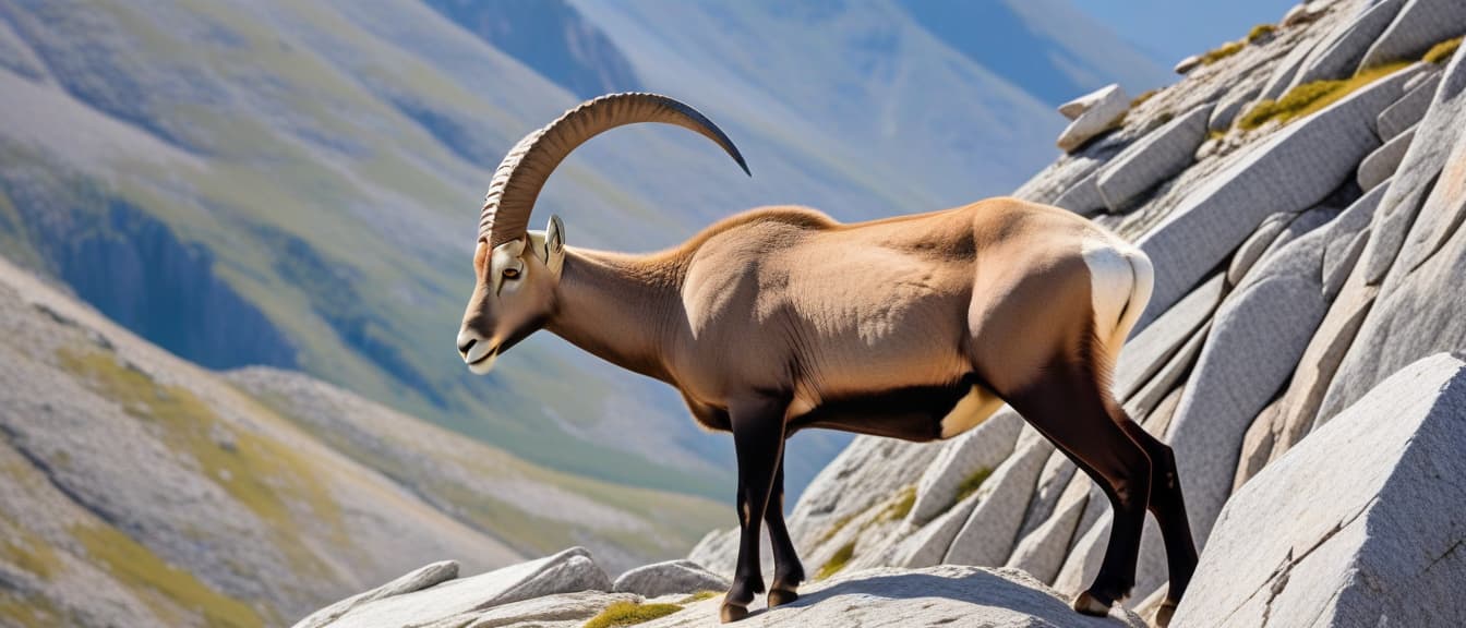  minimalism, an ibex is staying on the rock in the mountains, abstract, simple geometic shapes, hard edges, sleek contours, minimalism