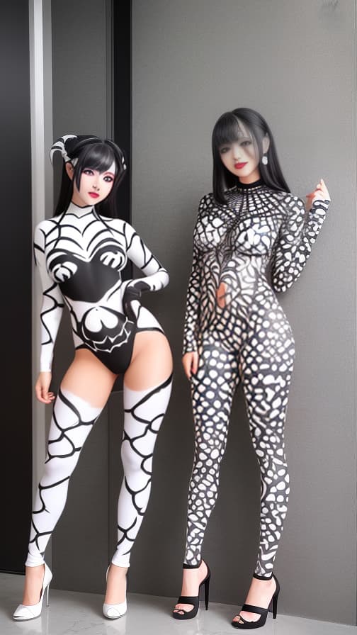  Black and White Spider-patterned body paint in every corner of the whole body, full-body, silver body paint, White face paint on the face,Two Dark elfs 女の子