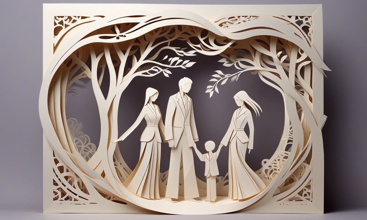  kirigami representation of relationships between people living with each other for a long time . 3d, paper folding, paper cutting, japanese, intricate, symmetrical, precision, clean lines