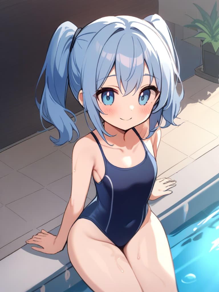  women's elementary students, twin tails, cute smiles, rich s, low stature, dark blue swimwear, old swimwear, swimwear, simple, male, shaped clear penalties, clear shaped philosophy, male (swelling), front, front, front, front the whole body, pool side,