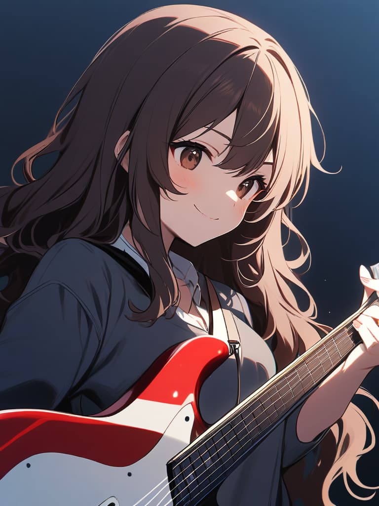  (beautiful girl:1.5)(brown hair:1.5)(long hair:1.7)(wavy hair:1.5)(with a electric guitar:1.7){in orange dress:1.5}(smile){playing guitar happily:1.7} master piece,high quality,16k,super analysis,correct finger position,correctnumber of