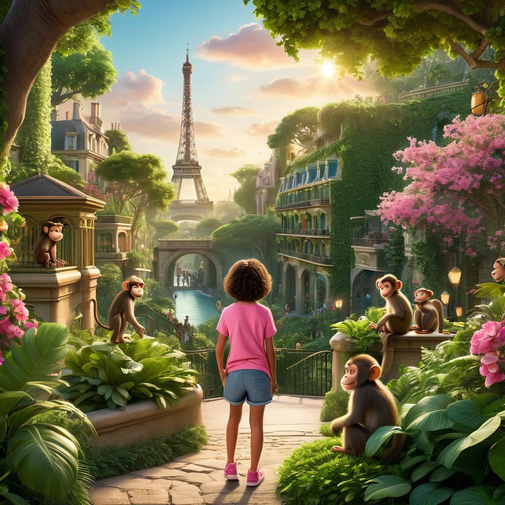  in 3d animated movie style. disney pixar style. paris, a in a pink t shirt and denim shorts, waves goodbye to a monkey in a lush zoo setting with vint green foliage. high resolution, pixar 3d animated film style with soft, warm lights creating a cheerful atmosphere. dynamic shot capturing paris interacting with the monkey from a slightly elevated angle, emphasizing the lush zoo environment.