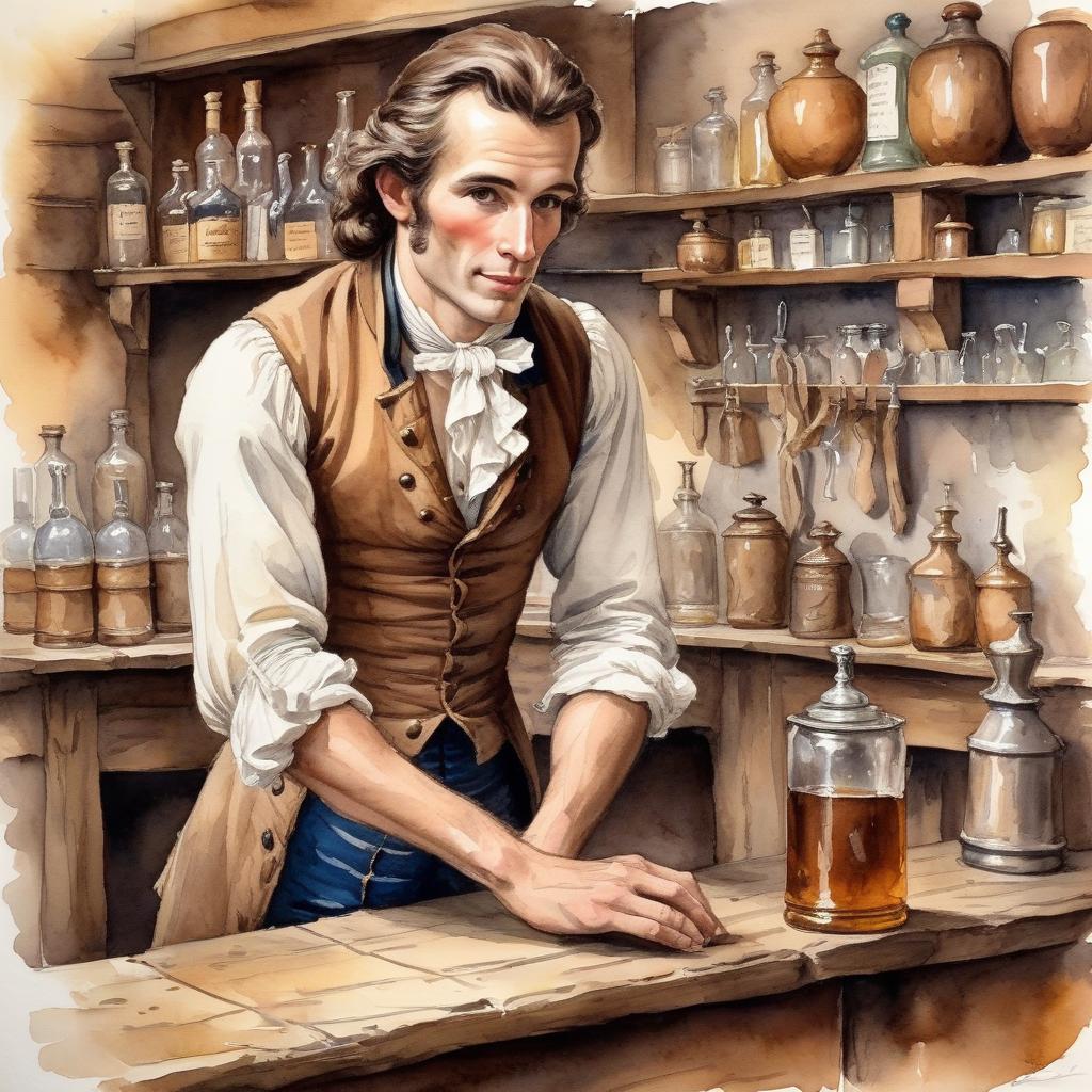  watercolor painting pale skinny man behind a tavern counter, brown hair gathered in a tail, 18th century clothing . vibrant, beautiful, painterly, detailed, textural, artistic