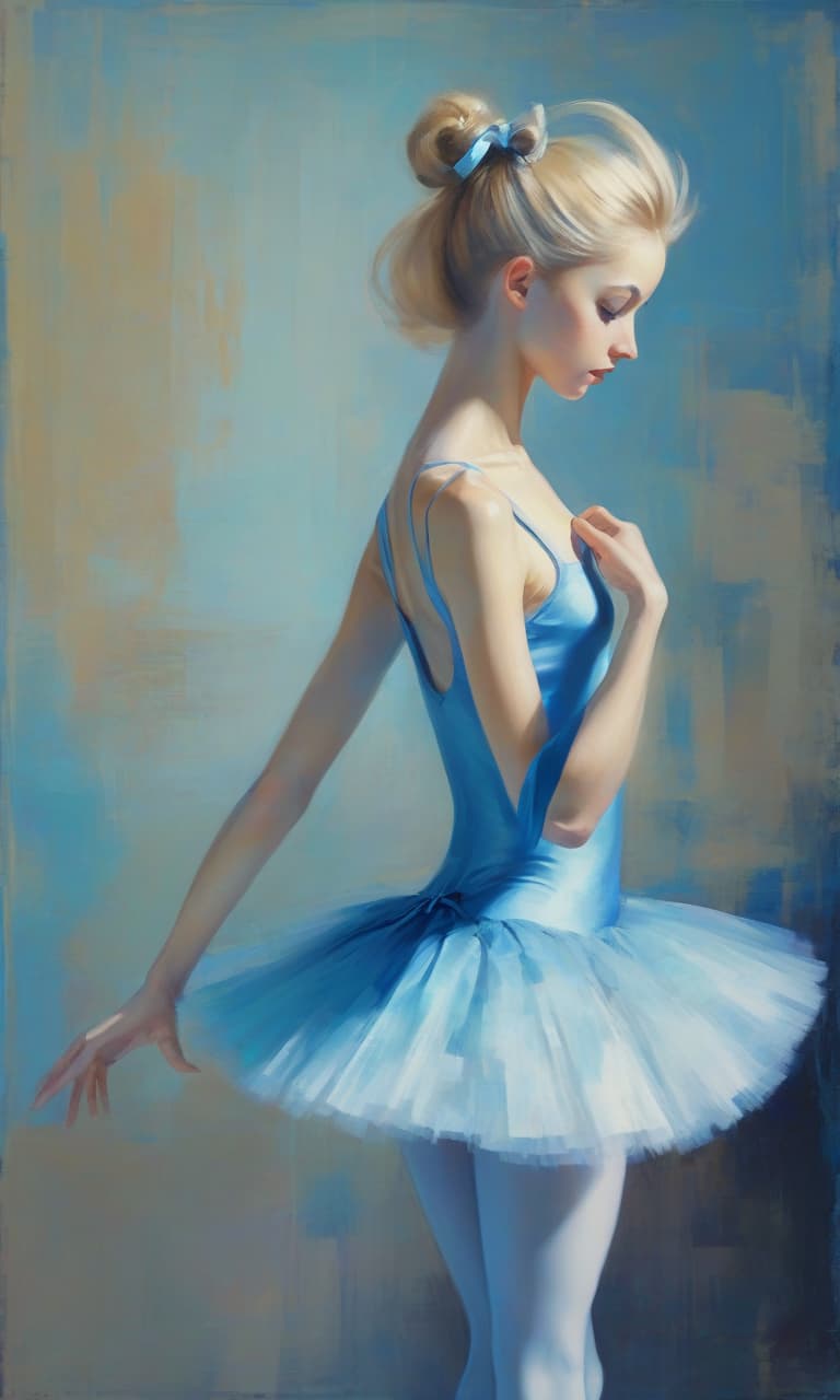  retro game art a very slender ballerina in a blue with a silvery tint pack, dances on pointes, her hair is blonde, laid in a high hairstyle, a blue ribbon is tied on her head, the girl is very beautiful in a half profile, full height, a beautiful pose in dance. painting, large strokes, acrylic, blurred background. degas style. . 16 bit, vibrant colors, pixelated, nostalgic, charming, fun