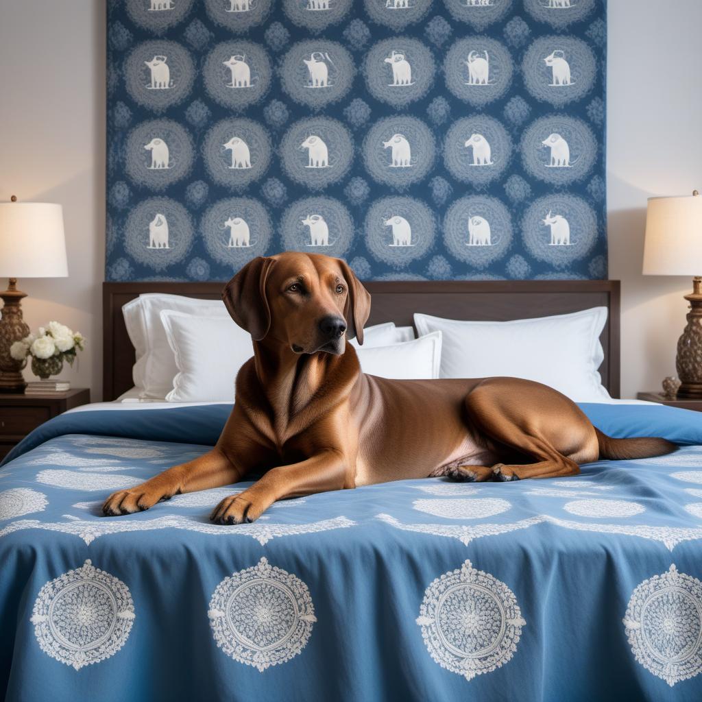  A medium-sized brown dog lying on a bed with a blue cover that has a repeating pattern of white elephants. The dog is in a calm and resting posture, with its head comfortably placed on its front paws. The bed is positioned on a carpeted floor against a painted wall in a cozy indoor setting. The overall scene conveys a sense of tranquility and contentment. hyperrealistic, full body, detailed clothing, highly detailed, cinematic lighting, stunningly beautiful, intricate, sharp focus, f/1. 8, 85mm, (centered image composition), (professionally color graded), ((bright soft diffused light)), volumetric fog, trending on instagram, trending on tumblr, HDR 4K, 8K